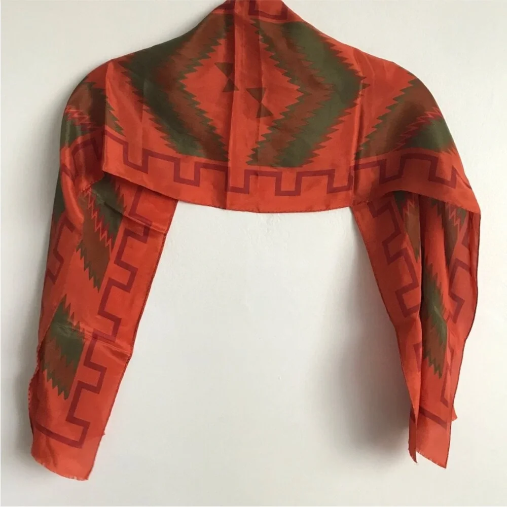 Vtg CALVIN KLEIN SCARF 100% SILK ORANGE RECTANGLE WRAP NATIVE AMERICAN GEO